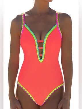 Popvil Colorblock Trim Tie-Front coral One-Piece Swimsuit, Summer